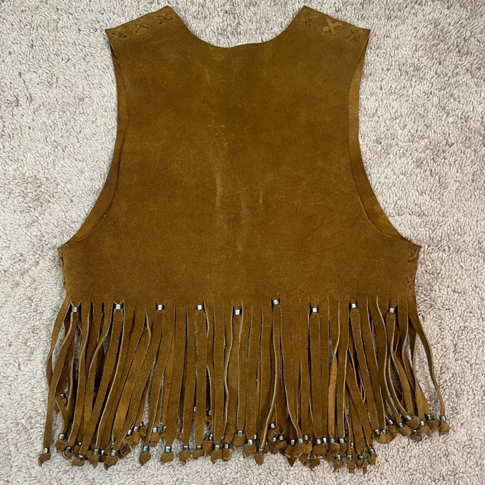 Vintage Suede Handmade Cow Hide Beaded Fringe Tassel Boho Vest / Indian Jacket